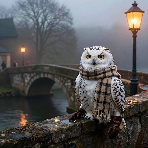Noir Snowy Owl Detective on Misty Bridge
