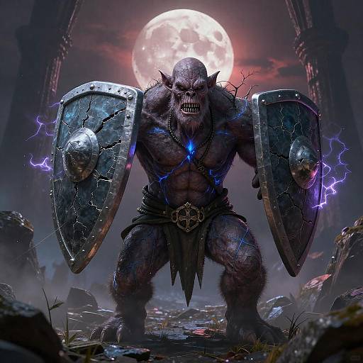 Digital art of a muscular, dark-skinned werewolf with glowing blue eyes, sharp teeth, and glowing blue necklace, wielding cracked shields with purple lightning