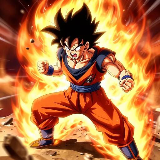 Digital anime artwork of Super Saiyan Son Goku, with spiky black hair, orange gi, and blue belt, surrounded by intense, fiery energy.