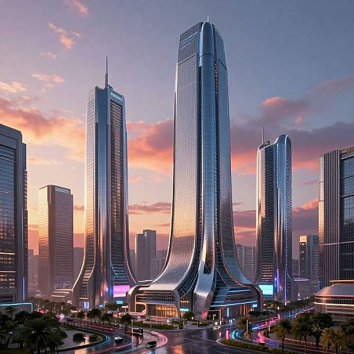Photorealistic CGI of a futuristic cityscape at sunset, featuring sleek, curved skyscrapers with reflective glass, vibrant purple and orange sky, and