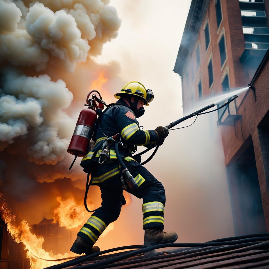 Daring Firefighter Scaling a Burning Building