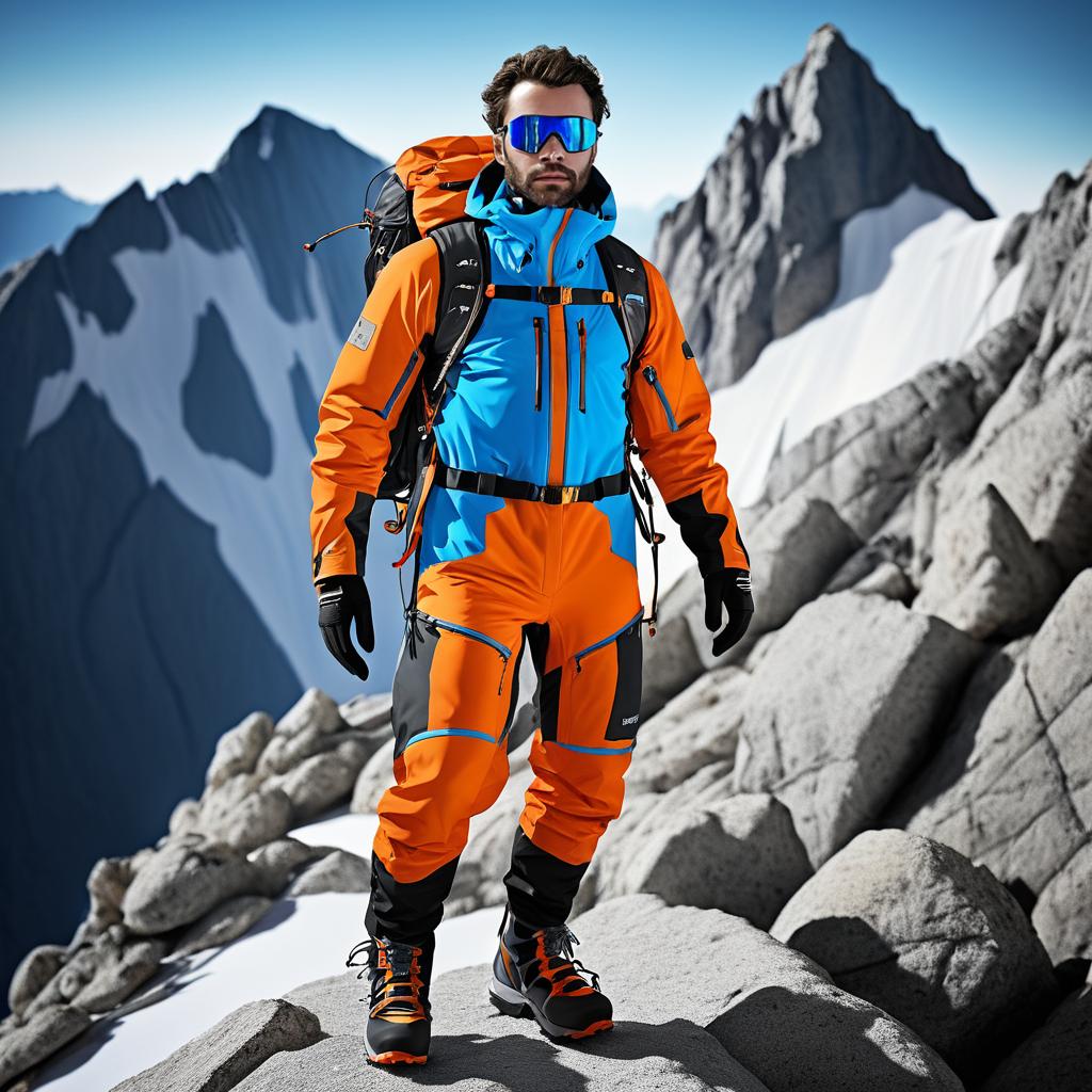 High-Fashion Climber on Mountain Summit