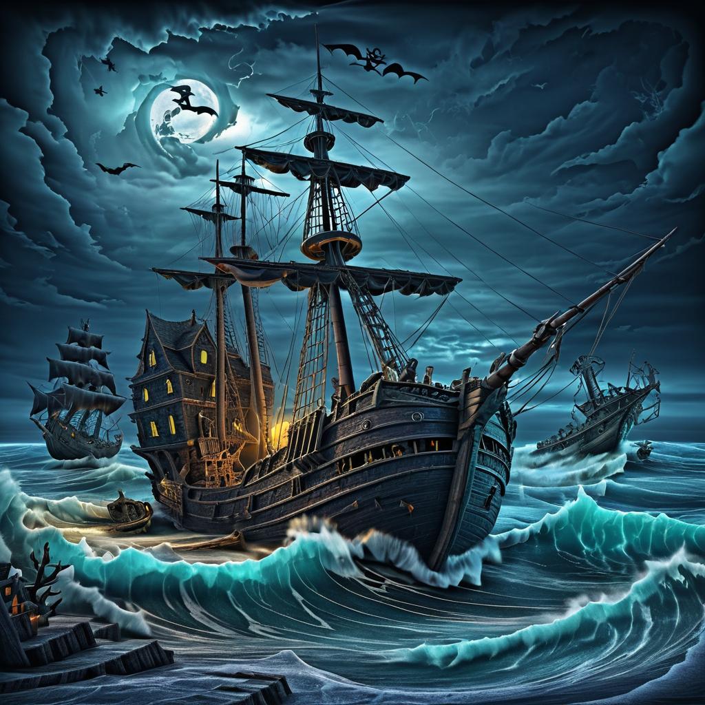 Spooky Cartoonish Haunted Shipwreck Scene