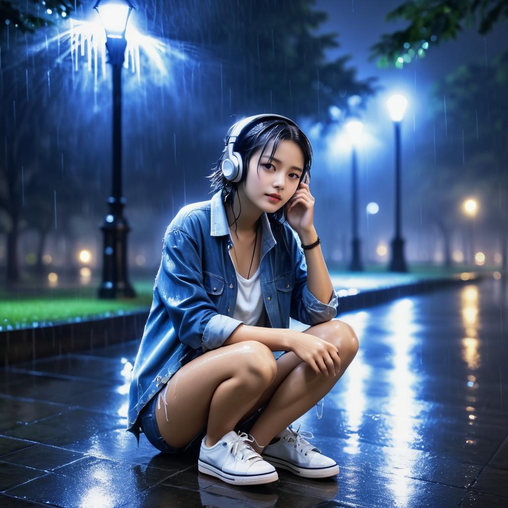 Rainy Night: Girl in Park with Headphones