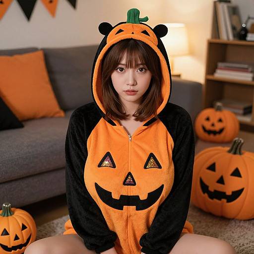 Photograph of a young Asian woman with straight brown hair, wearing an orange pumpkin hooded onesie, sitting on the floor in a Halloween-themed living
