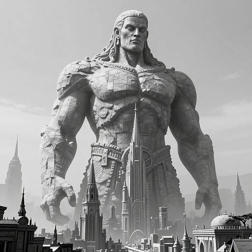 Monochromatic Stone Giant Over Cityscape