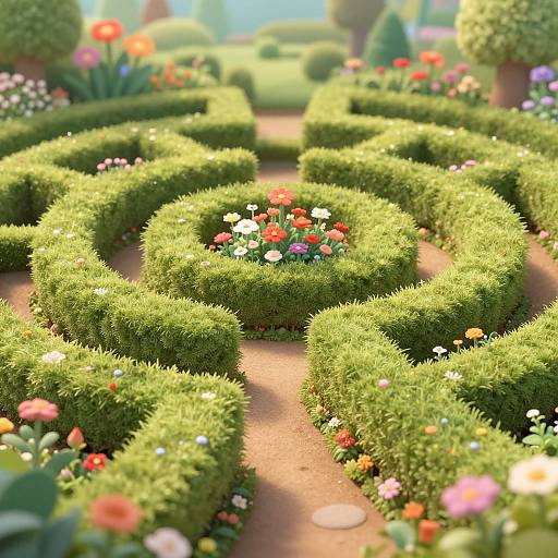 Photorealistic CGI of a vibrant, sunlit garden maze with lush green hedges, colorful flowers, and a central flower bed.