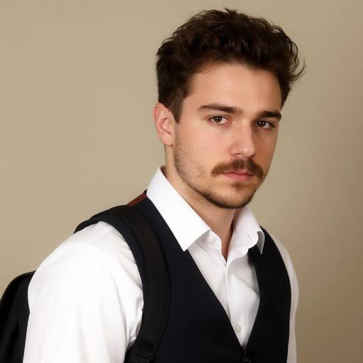 Photograph of a young white man with dark brown hair, mustache, wearing a white shirt, black vest, and black backpack, against a beige