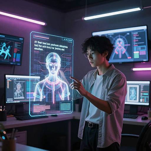 Photograph of a young man with curly hair, wearing glasses and a white shirt, interacting with a glowing, neon-lit holographic display in a