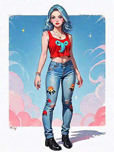 Stylish girl with blue hair in casual outfit