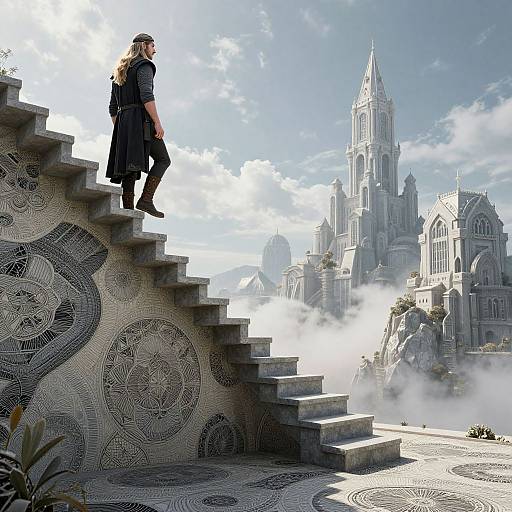 Photograph-style digital art: Long-haired man in black coat stands on intricately patterned stone steps, overlooking a misty, Gothic cityscape with