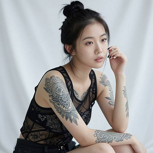 Tattooed Asian Woman in Sheer Top