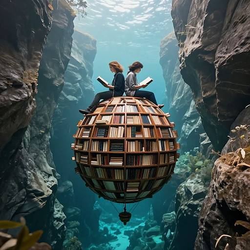 Photograph of two people sitting on a spherical, book-covered, floating structure between towering, rocky cliffs with sunlight filtering through above.