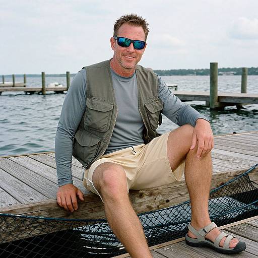 Photograph of a smiling, light-skinned man with short brown hair, wearing blue sunglasses, gray long-sleeve shirt, beige shorts, and