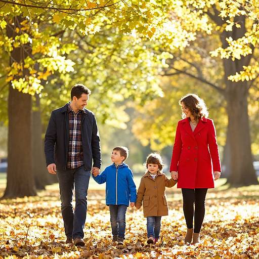Photograph of a family of four walking hand-in-hand through a sunlit autumn park, with golden leaves on the ground and trees in the background.