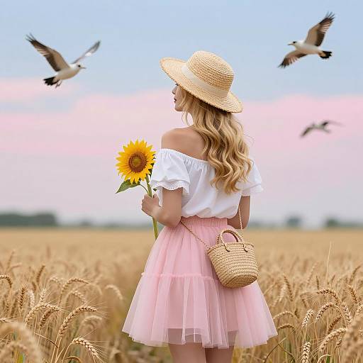 Woman in Wheat Field with Sunflower