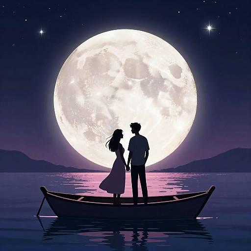 Silhouetted couple in boat under luminous full moon, calm water, starry night sky; digital art with vibrant purple and blue hues.