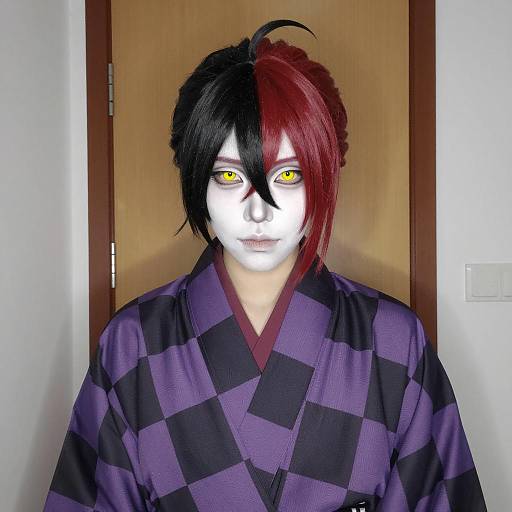 Cosplayer in Purple Checkered Kimono with Yellow Eyes