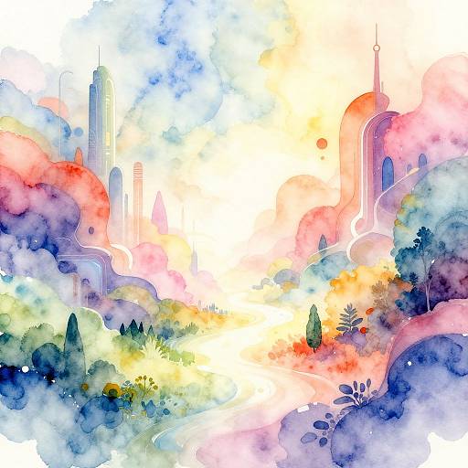 Vibrant Surreal Watercolor Landscape