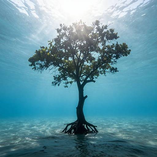 Photograph of a lone, dark silhouetted tree with exposed roots, standing in clear blue underwater light, surrounded by gentle ripples.