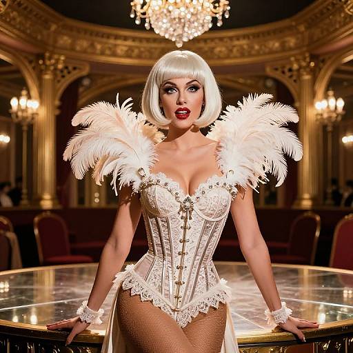 Digital art of a glamorous white-haired woman in an ornate, golden ballroom, wearing a white lace corset with feathered shoulders, fishnet