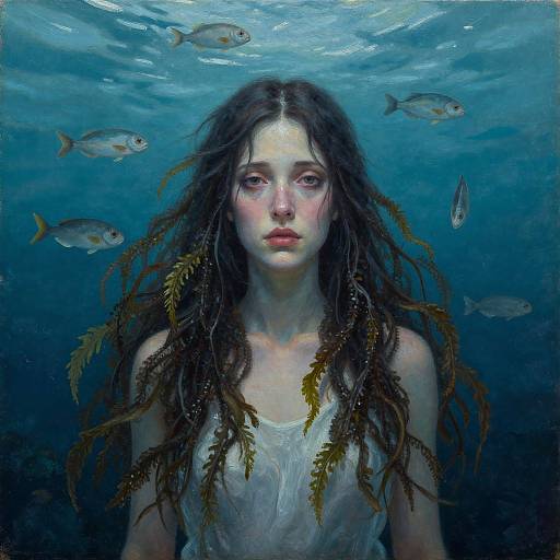 Digital painting of a pale, ethereal young woman with long, wet, dark hair, surrounded by fish underwater, wearing a translucent white top, with