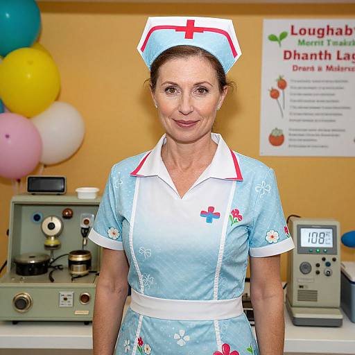 Photograph of a smiling middle-aged Caucasian woman in a light blue nurse uniform with white trim and red cross, standing in a medical office with balloons,