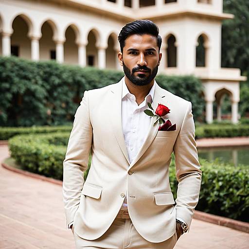 Man in Light Beige Jodhpuri Suit with Red Rose Boutonniere