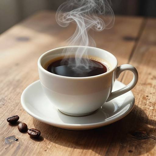Photograph of a white ceramic cup of steaming black coffee on a white saucer, with scattered coffee beans on a rustic wooden table.