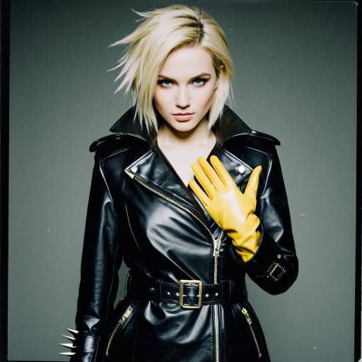 Cosplay Woman in Black Leather Trench Coat and Yellow Gloves