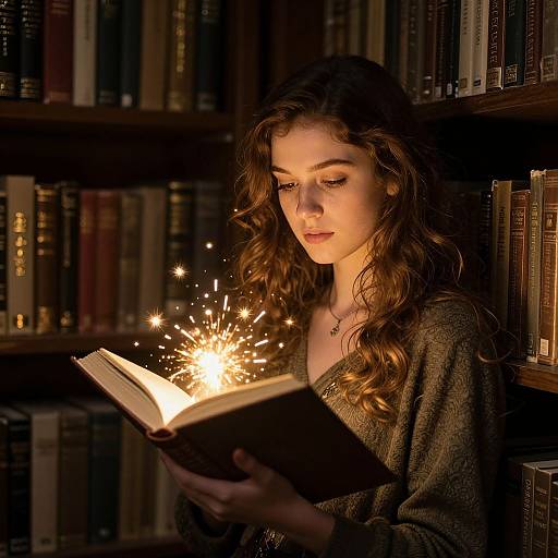 Photograph of a young woman with wavy brown hair, wearing a gray sweater, reading a glowing book with sparkles in a dimly lit library