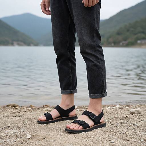 Photograph: Close-up of person's legs in dark jeans and black sandals, standing on rocky shore with calm lake and mountains in background.