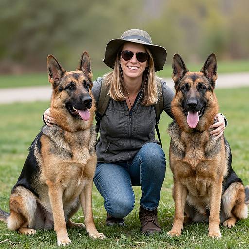 Photograph of a smiling blonde woman in a wide-brimmed hat and sunglasses, kneeling between two happy German Shepherds on a grassy field
