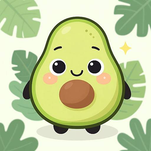 Cute digital drawing of a smiling, anthropomorphic avocado with a large brown pit, blushing cheeks, and black arms and legs, set against a
