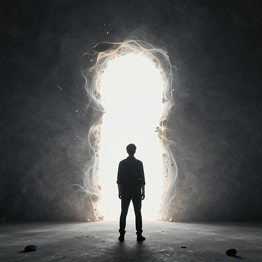 Man Facing Luminous Gravity-Defying Portal