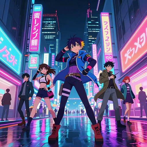 Anime-style digital drawing of a neon-lit city street with five characters in vibrant outfits, neon signs, and reflective wet pavement.