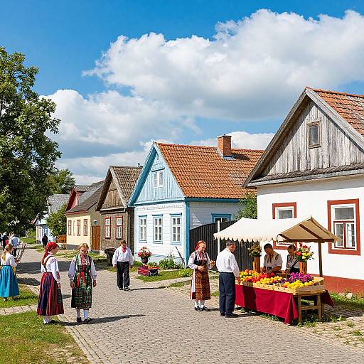 Vibrant photograph of a quaint village street with colorful wooden houses, cobblestone path, people in traditional Nordic attire, flower stand, and bright