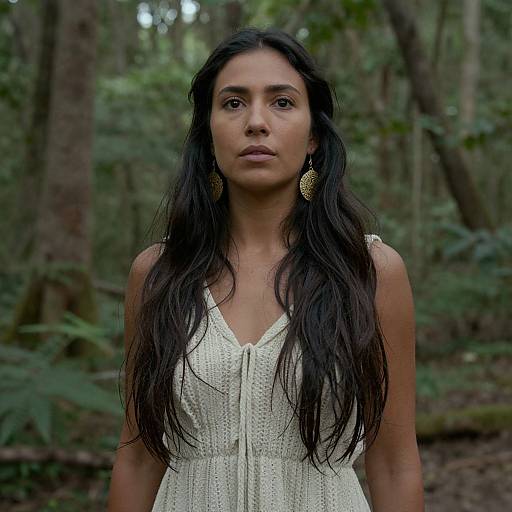 Photograph of a serious-looking woman with long black hair, wearing a white, sleeveless, embroidered dress, and gold leaf earrings, in a lush
