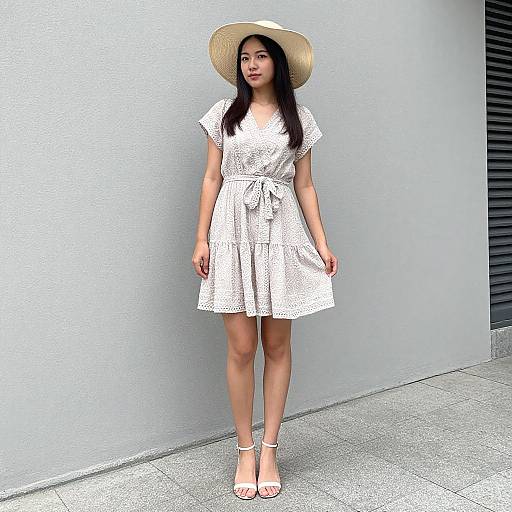 Asian woman in white lace dress, wide-brimmed straw hat, and white sandals, standing against a gray concrete wall. Photorealistic digital art