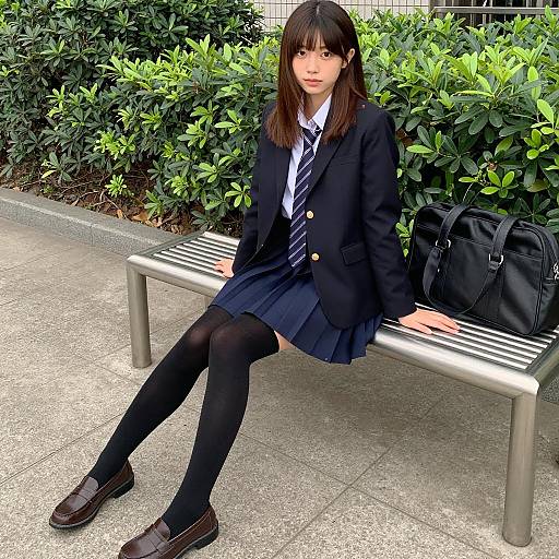 Japanese Schoolgirl on Bench in Daytime