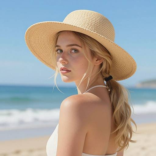 Thoughtful Blonde Woman on Sunny Beach