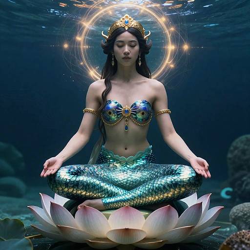 Digital artwork of a serene mermaid with dark hair, golden crown, and shimmering blue-green scales, meditating underwater on a lotus flower.