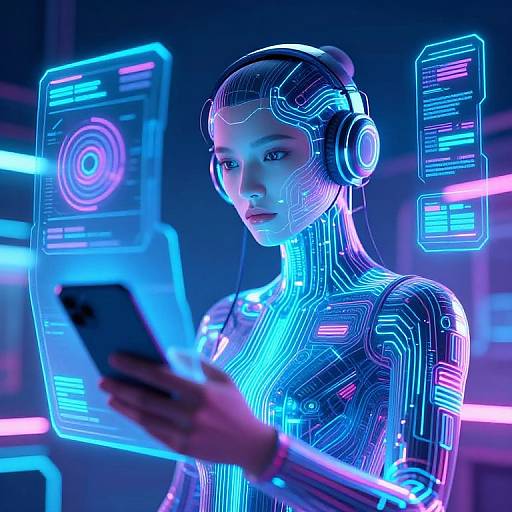 Neon-lit cyberpunk image of a sleek, robotic woman with glowing circuitry, wearing headphones, holding a smartphone, interacting with holographic screens