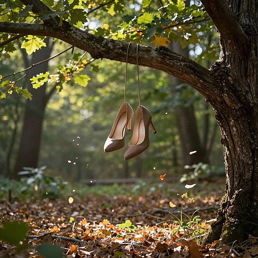 Photograph of nude high-heeled shoes hanging from a tree branch in a sunlit forest, surrounded by autumn leaves and dappled sunlight.