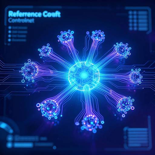 Digital CGI image of a glowing blue molecular network with interconnected nodes on a dark blue background, labeled 