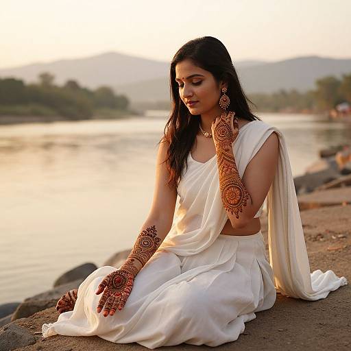 Photograph of a beautiful Indian woman with long black hair, wearing a white saree and intricate red henna on her hands and arms, sitting by