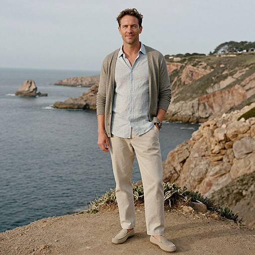 Photograph of a casually dressed man with curly brown hair, light beard, in a gray cardigan, white shirt, beige pants, and beige shoes