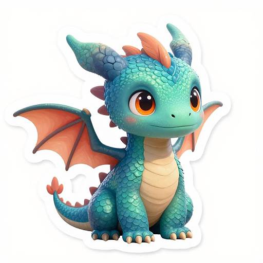 Chibi-style digital drawing of a cute, blue-scaled dragon with orange eyes, orange wings, and a beige belly, sitting against a white background
