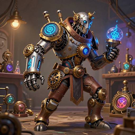 Digital art of a steampunk robot warrior with glowing blue orbs, holding a blue flame, in a dimly lit lab.