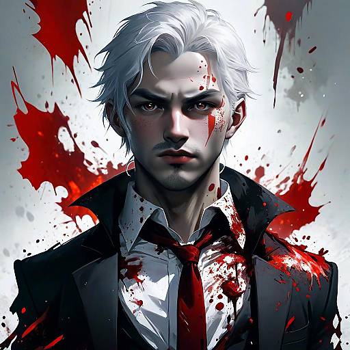 Digital anime-style portrait of a stern-faced, white-haired man in a blood-stained black suit and red tie, with splatters of blood in the